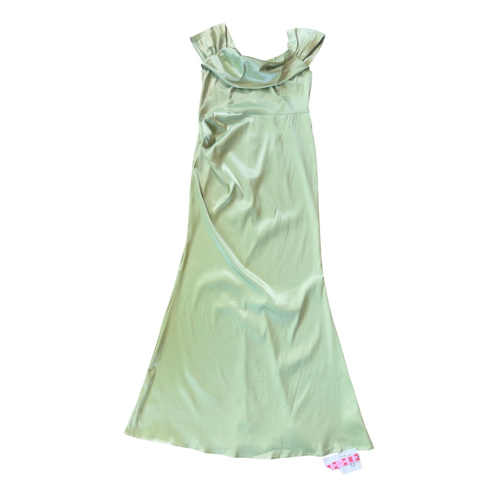 Cider Maxi Dress Women L Sage Green Satin Cowl Neck Off Shoulder Formal Gown NEW